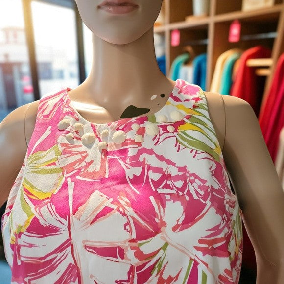 Pappagallo Women's Dress Pink Yellow Jeweled Neckline Hawaiian Tropical