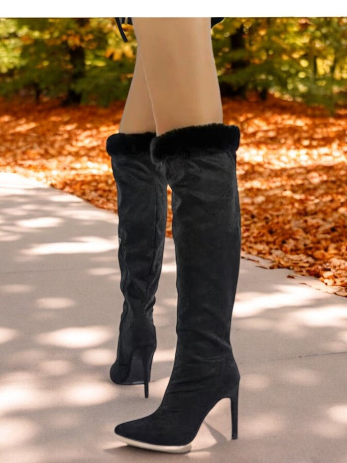 Faux Trim Suede Knee-High Heeled Boots