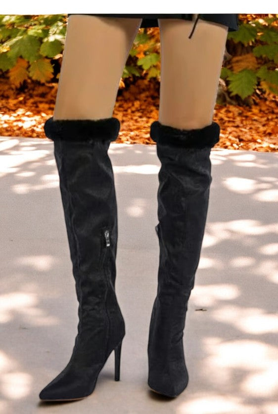 Faux Trim Suede Knee-High Heeled Boots