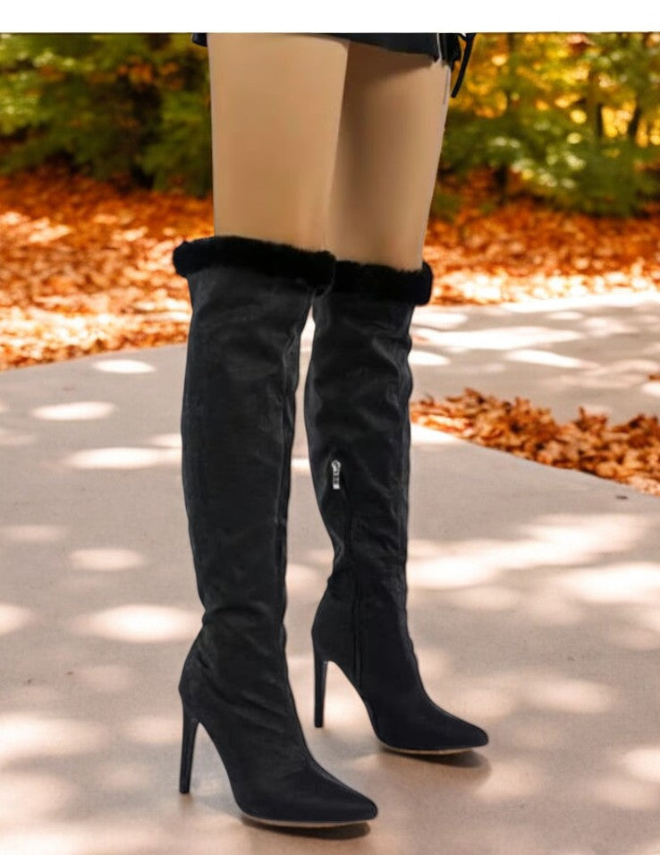 Faux Trim Suede Knee-High Heeled Boots