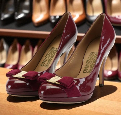 Salvatore Ferragamo Vara Bow Pumps in Burgundy Patent Leather