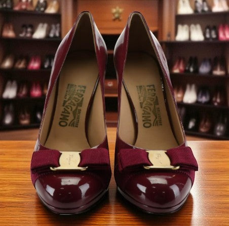 Salvatore Ferragamo Vara Bow Pumps in Burgundy Patent Leather