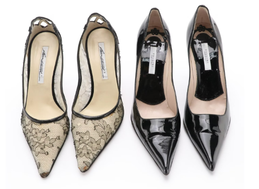 Brian Atwood Satin/Lace and Pollini Patent Leather Point Toe Pumps