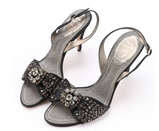 René Caovilla Embellished Black Satin and Metallic Dress Sandals