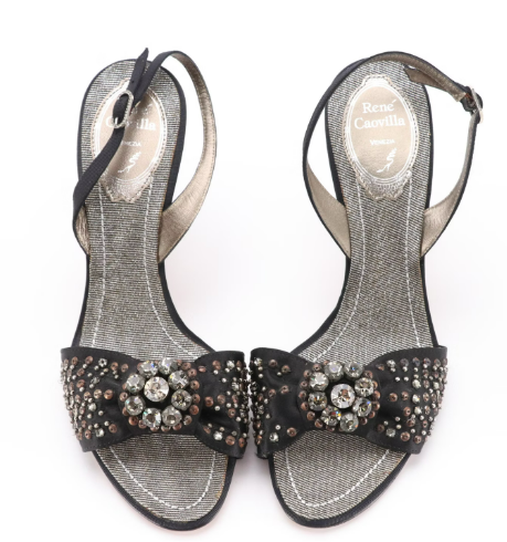 René Caovilla Embellished Black Satin and Metallic Dress Sandals