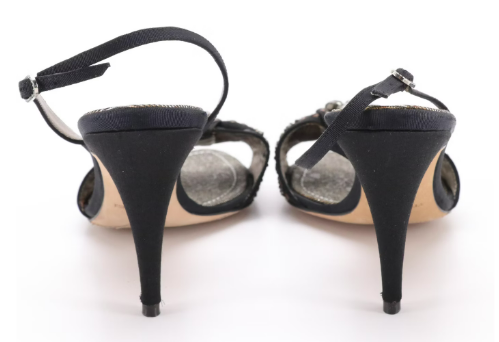 René Caovilla Embellished Black Satin and Metallic Dress Sandals