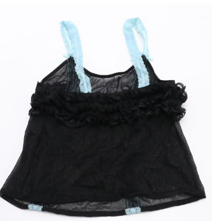 Lingerie Set in Mesh Black Ruffled and Blue Lace