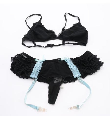 Lingerie Set in Mesh Black Ruffled and Blue Lace
