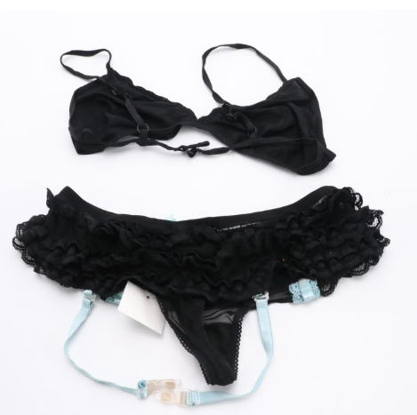 Lingerie Set in Mesh Black Ruffled and Blue Lace
