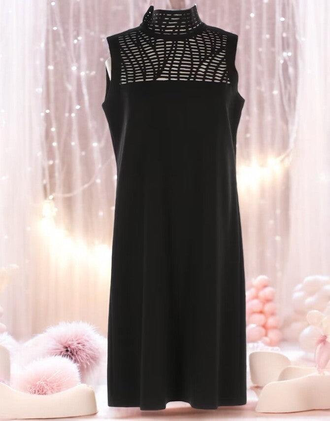 Lafayette 148 Laser-Cut Black Stretch Polyamide Mock Neck Dress