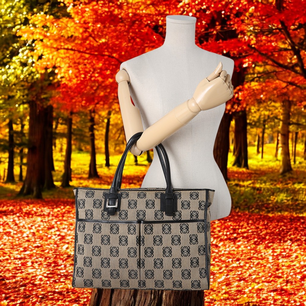 Loewe Anagram Tote in Beige and Black Canvas with Leather Trim