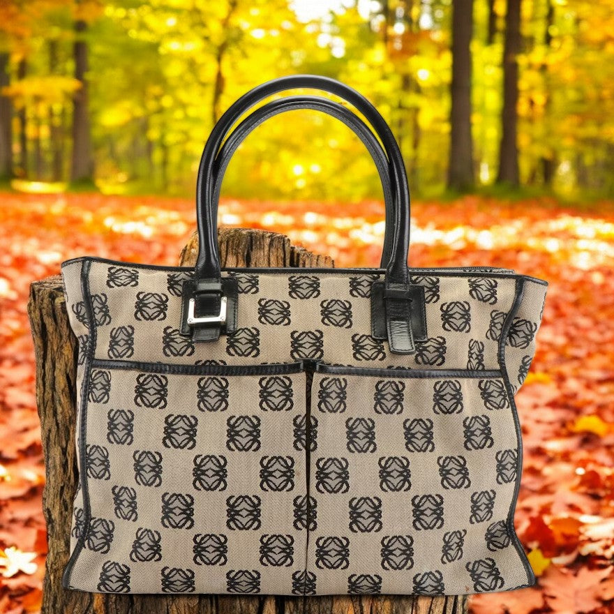 Loewe Anagram Tote in Beige and Black Canvas with Leather Trim