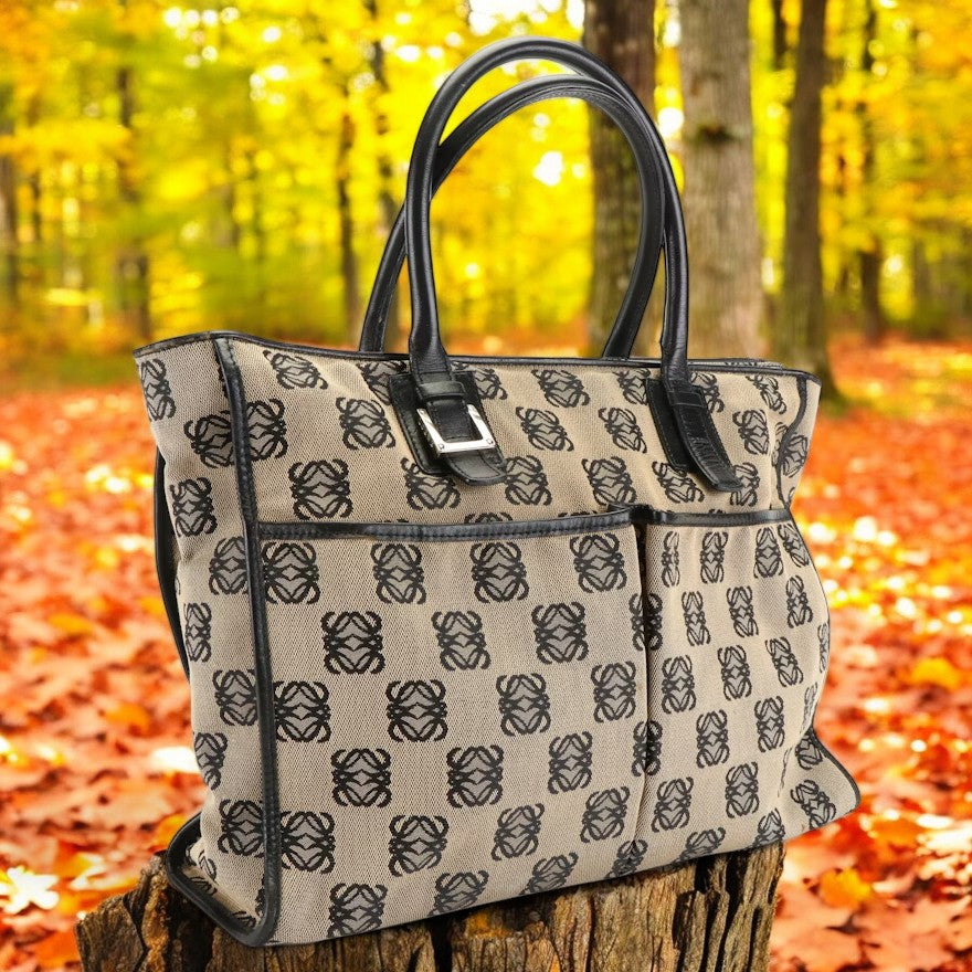 Loewe Anagram Tote in Beige and Black Canvas with Leather Trim