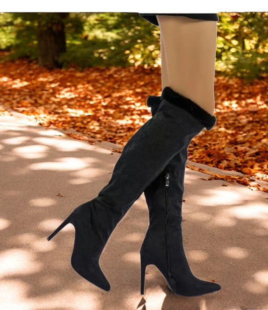 Faux Trim Suede Knee-High Heeled Boots