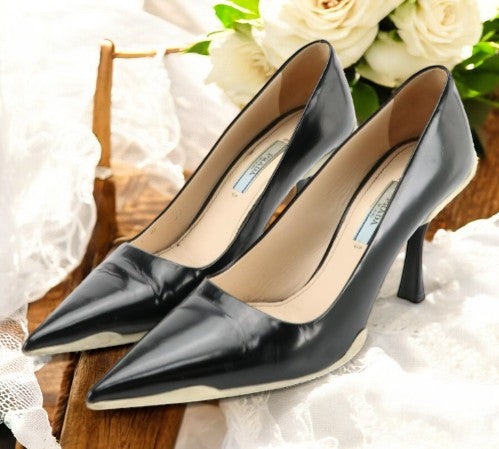 Prada Black Leather Pointed Toe Pumps with White Rubber Sole Accent