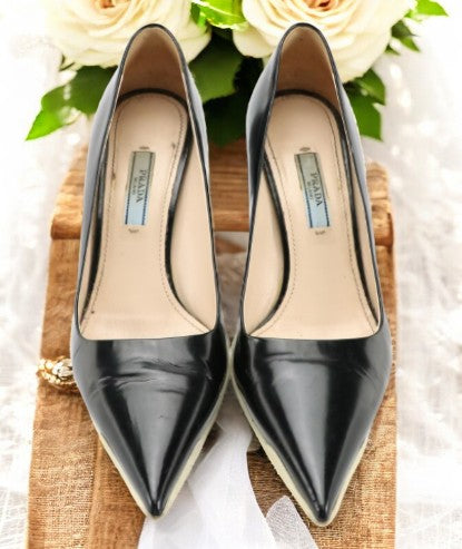 Prada Black Leather Pointed Toe Pumps with White Rubber Sole Accent