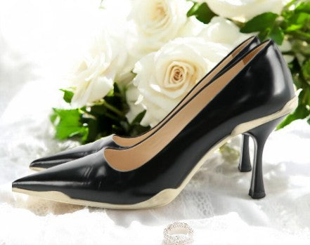 Prada Black Leather Pointed Toe Pumps with White Rubber Sole Accent