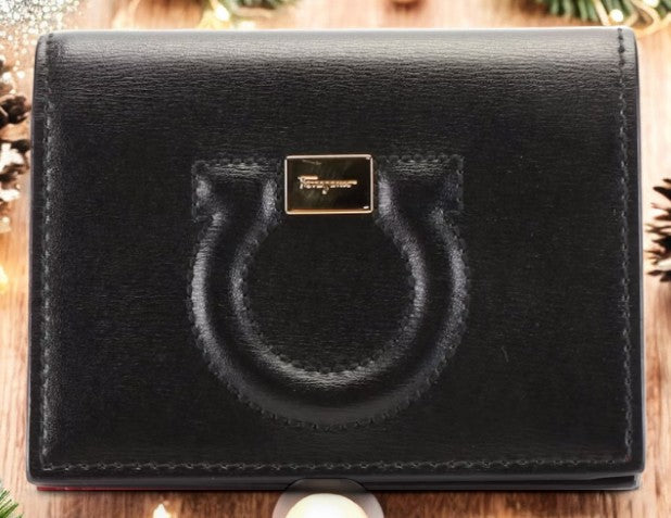 Salvatore Ferragamo Embossed Black Leather Compact Wallet