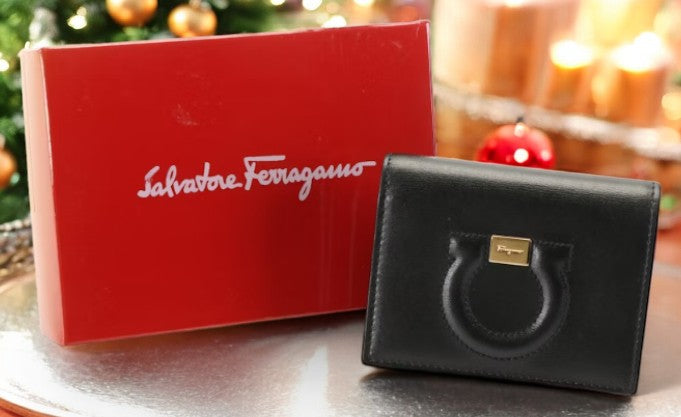 Salvatore Ferragamo Embossed Black Leather Compact Wallet