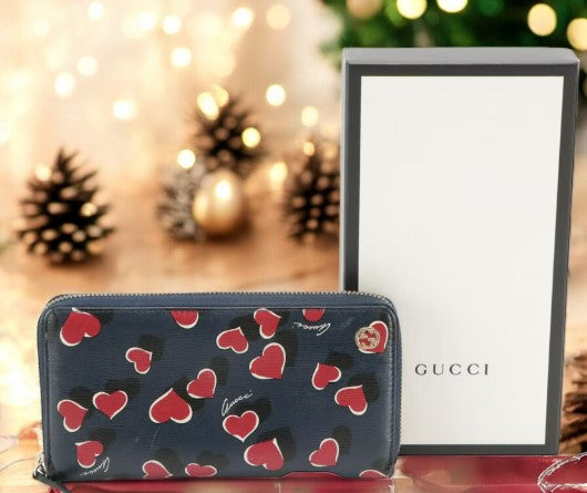 GUCCI Round Zipper Leather Long Wallet Heart