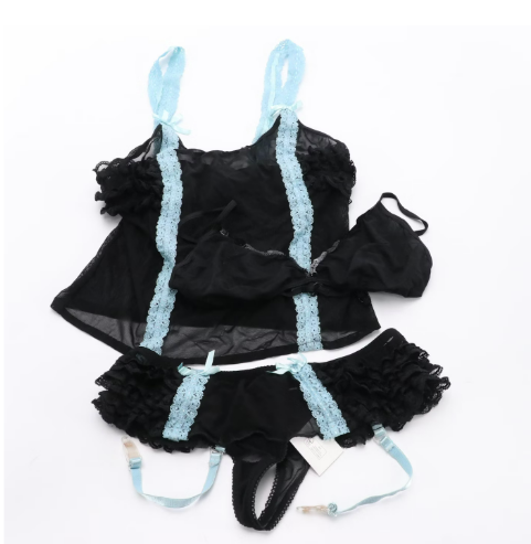 Lingerie Set in Mesh Black Ruffled and Blue Lace
