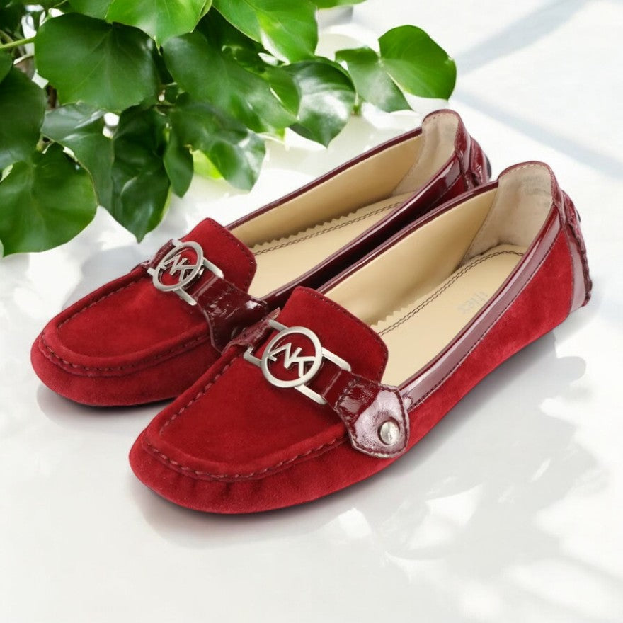 Anne Klein Red Suede Loafers Shoes with Silver Embellishments