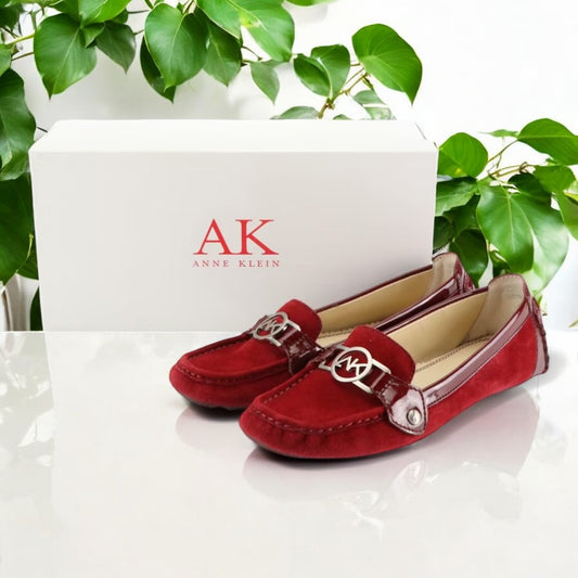 Anne Klein Red Suede Loafers Shoes with Silver Embellishments