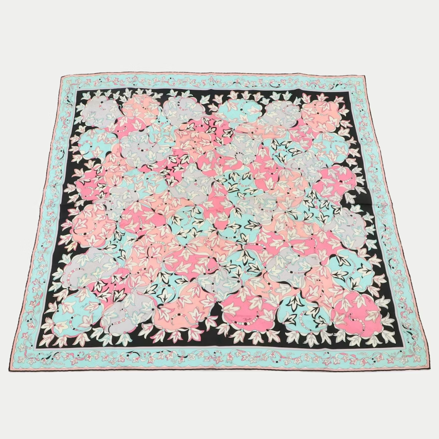 Vintage Emilio Pucci Fuilio Pink and Blue Floral Print Silk Scarf