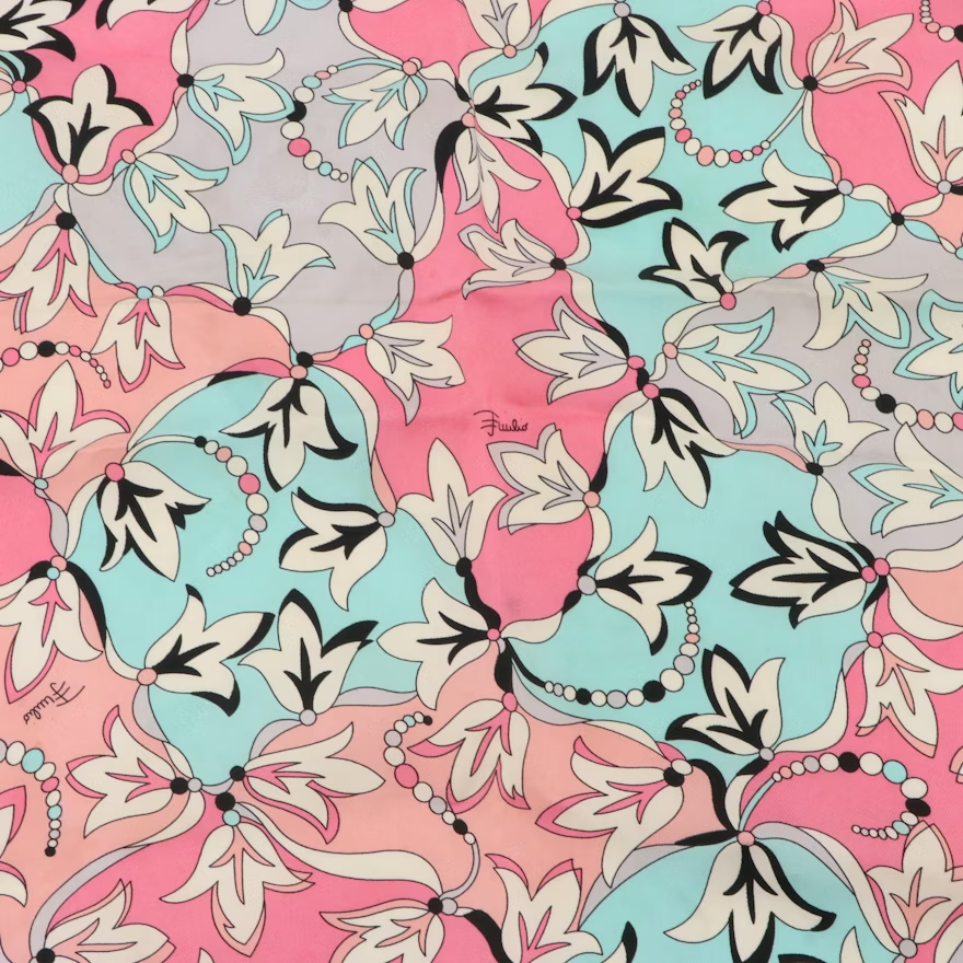 Vintage Emilio Pucci Fuilio Pink and Blue Floral Print Silk Scarf