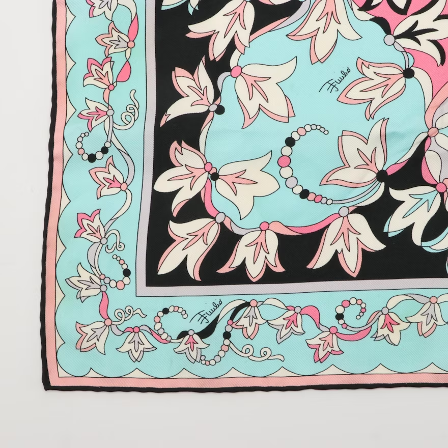 Vintage Emilio Pucci Fuilio Pink and Blue Floral Print Silk Scarf