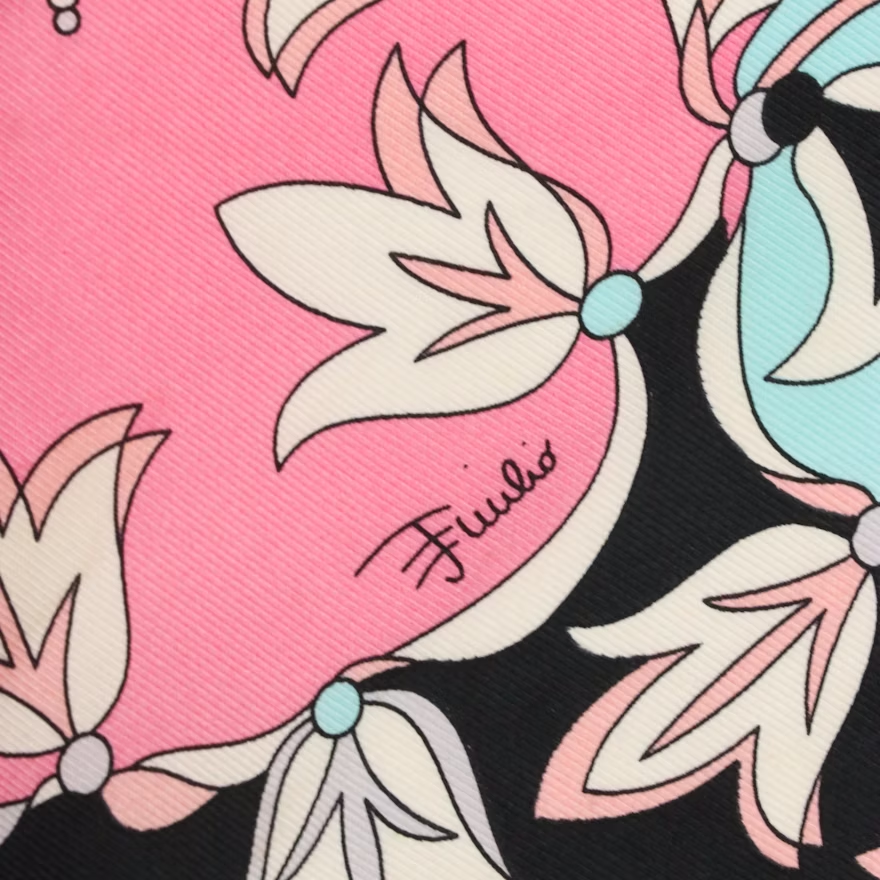 Vintage Emilio Pucci Fuilio Pink and Blue Floral Print Silk Scarf