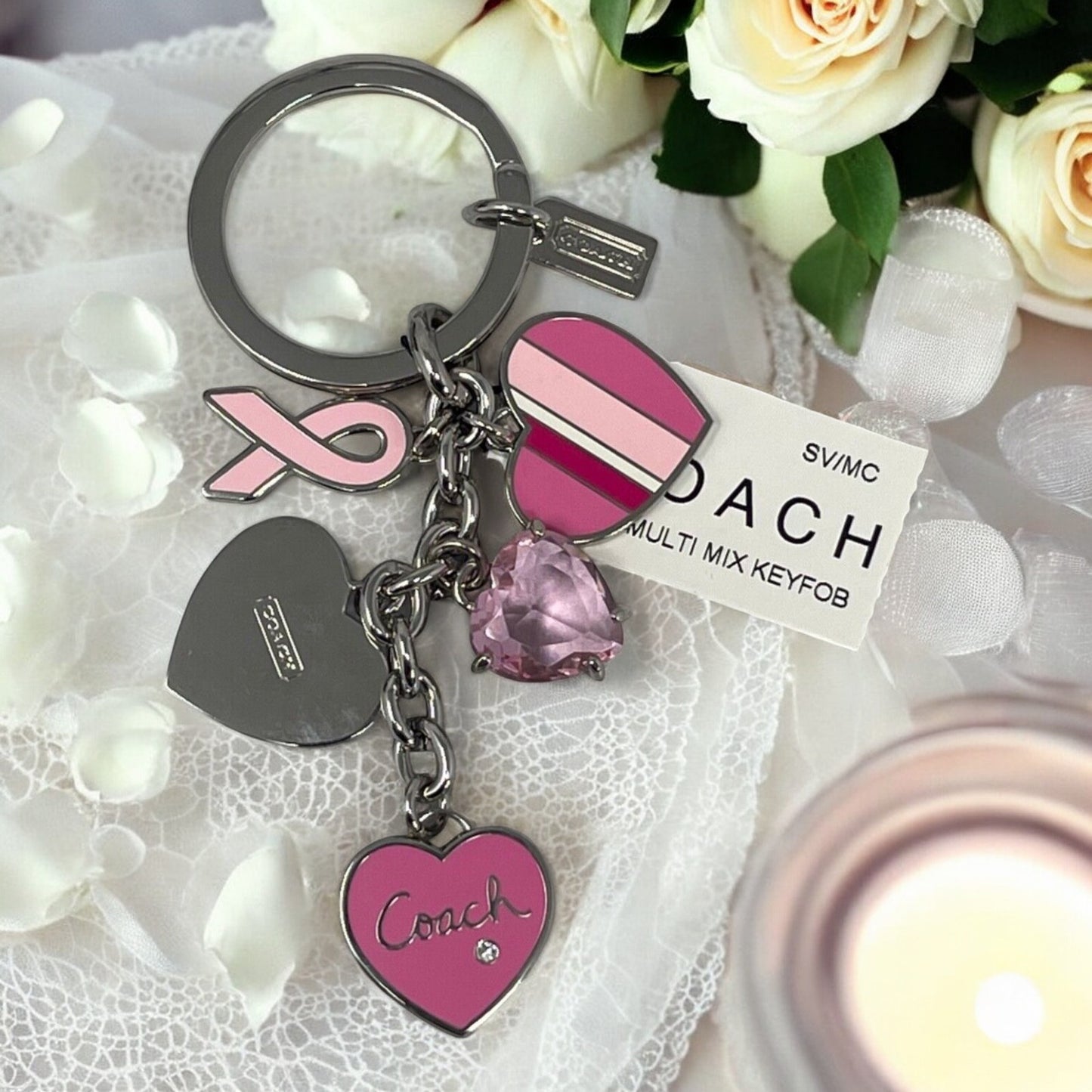 NEW COACH Breast Cancer Awareness Heart Crystal Keychain Key Ring FOB