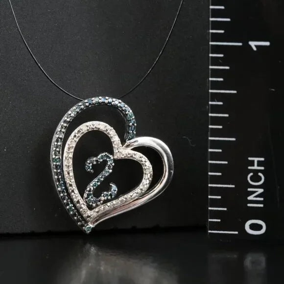 Sterling Diamond Heart Pendant with (Origin Undetermined) Fancy Blue