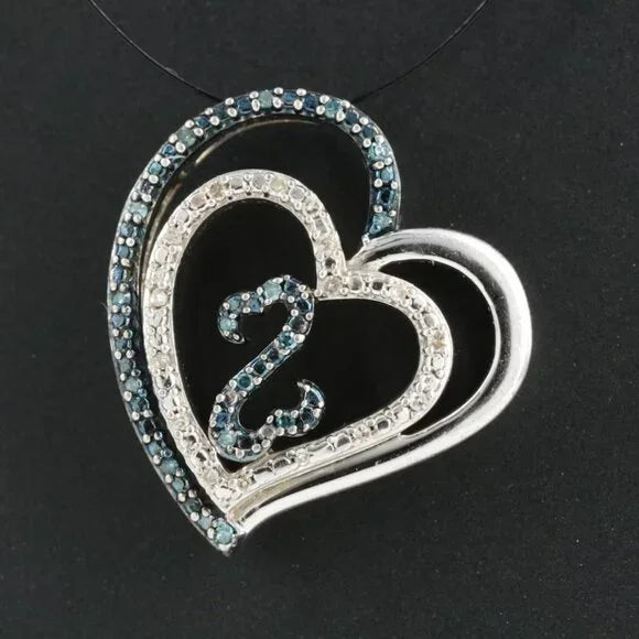 Sterling Diamond Heart Pendant with (Origin Undetermined) Fancy Blue