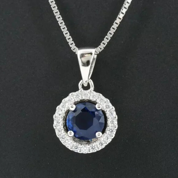 Sterling Blue Glass and CZ Pendant Necklace