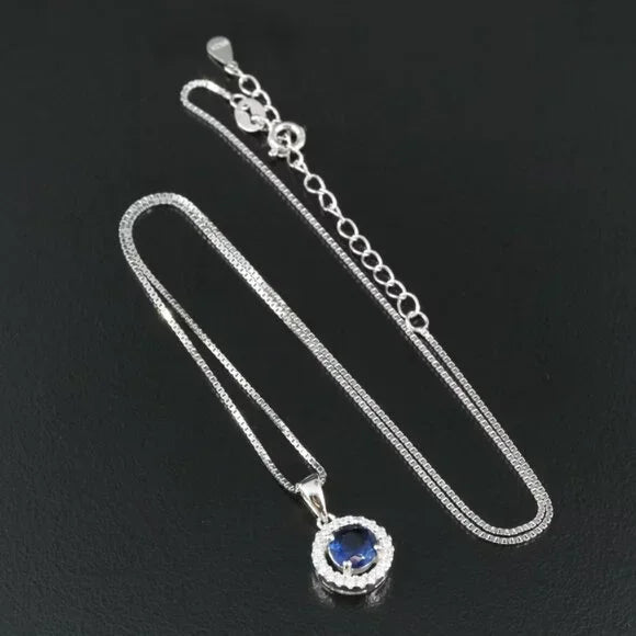 Sterling Blue Glass and CZ Pendant Necklace