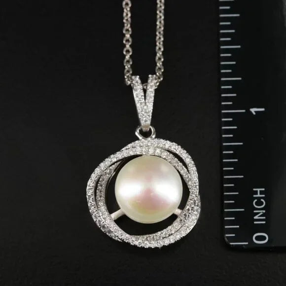 Vintage Beautiful- Sterling Pearl and CZ Pendant Necklace and Earrings - 73603