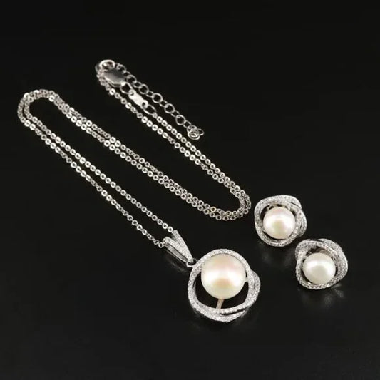 Vintage Beautiful- Sterling Pearl and CZ Pendant Necklace and Earrings - 73603