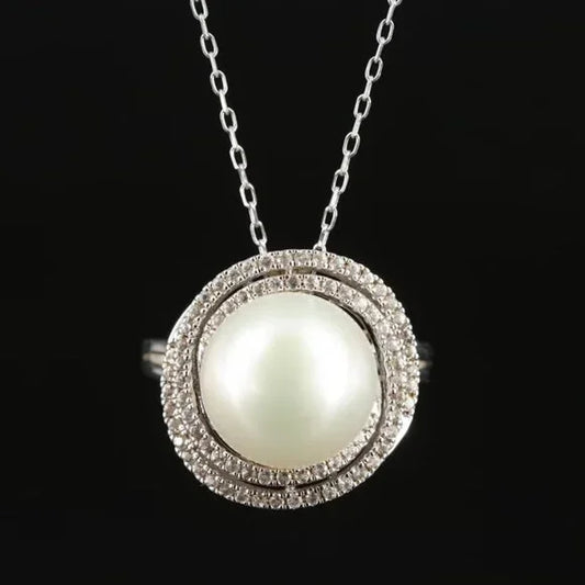 Vintage Sterling Pearl & Topaz Convertible Ring/Pendant Convertible Necklace-7359