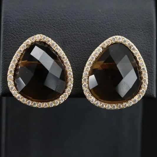 Beautiful Vintage - Sterling Smoky Quartz and CZ Earrings - 75185