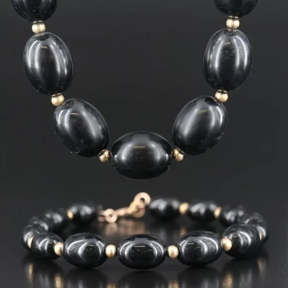 Vintage - Resin Black Beaded Necklace and Bracelet with Gold-Filled Clasps