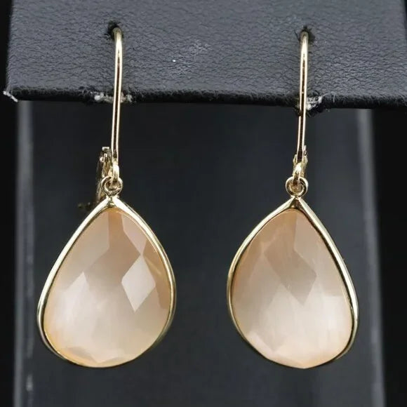 Beautiful Vintage Cream Sterling Cat's Eye Drop Earrings - 74692