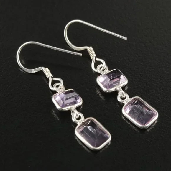 Sterling Amethyst Geometric Drop Earrings-92736