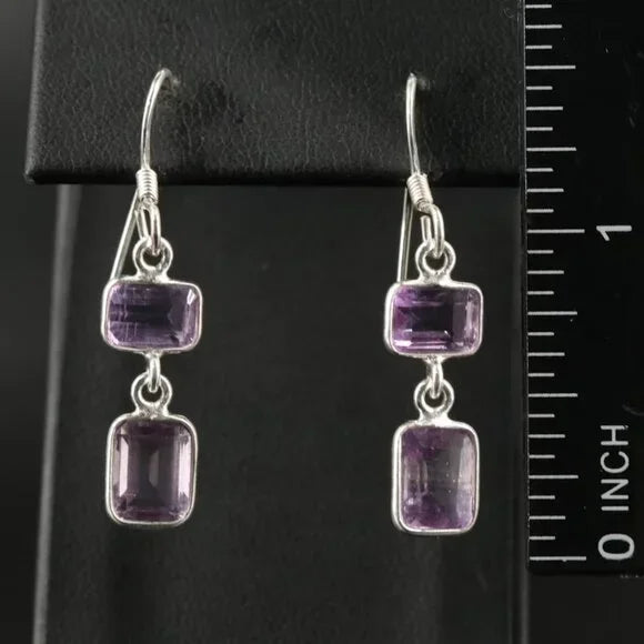 Sterling Amethyst Geometric Drop Earrings-92736