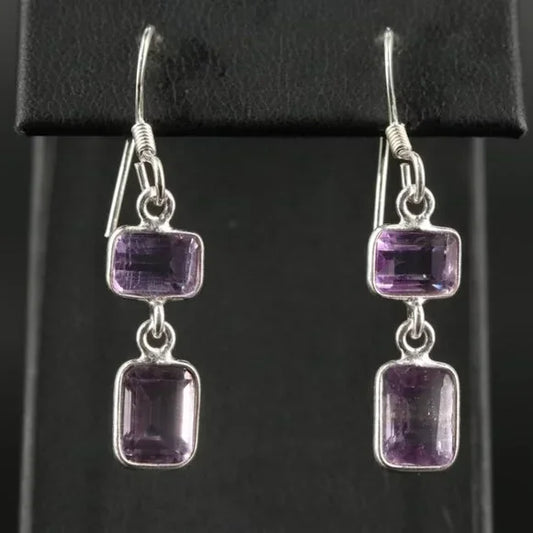 Sterling Amethyst Geometric Drop Earrings-92736