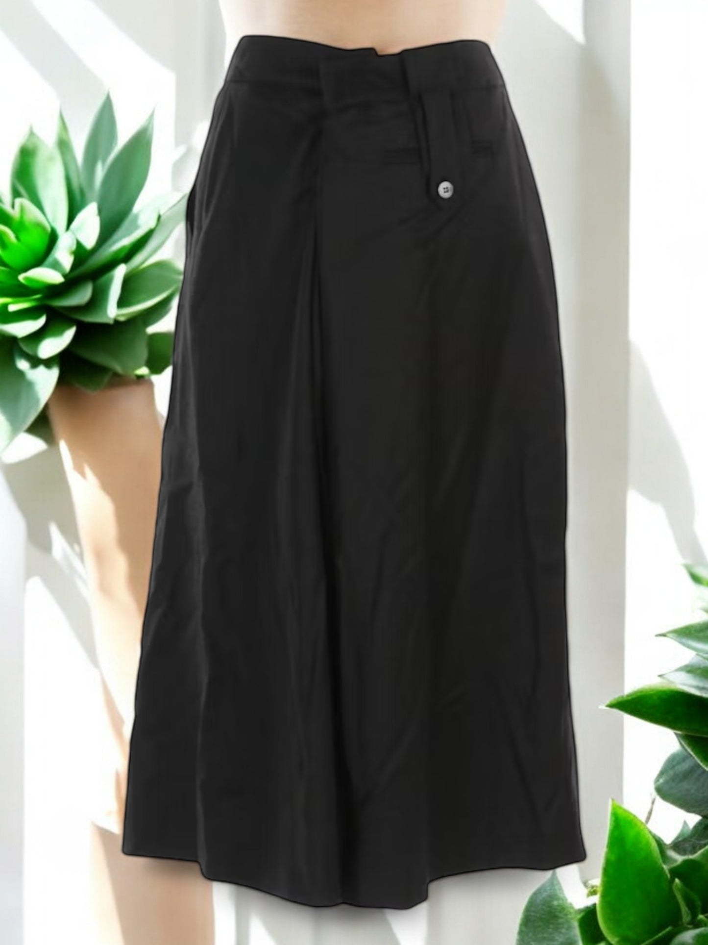 Vintage Stella McCartney Cropped Pleated Extra Wide-Leg Trousers in Shiny Black Wool